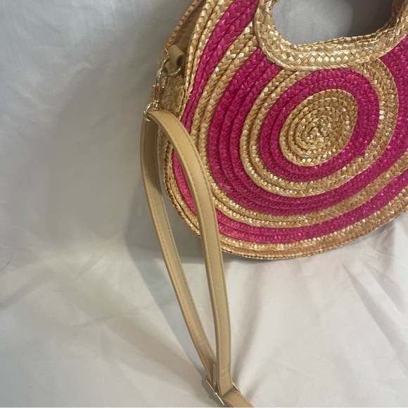 Mud Pie NWT Round Straw Bag with Hot Pink Circles Shoulder Strap and Handles - Picture 5 of 16